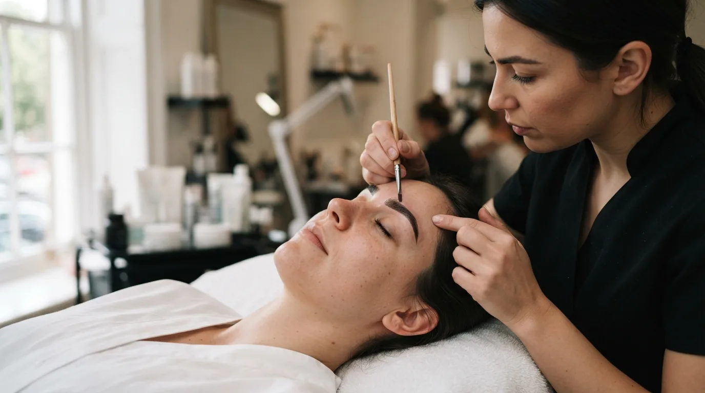 a woman getting her eyebrows tinted at a beauty salon
