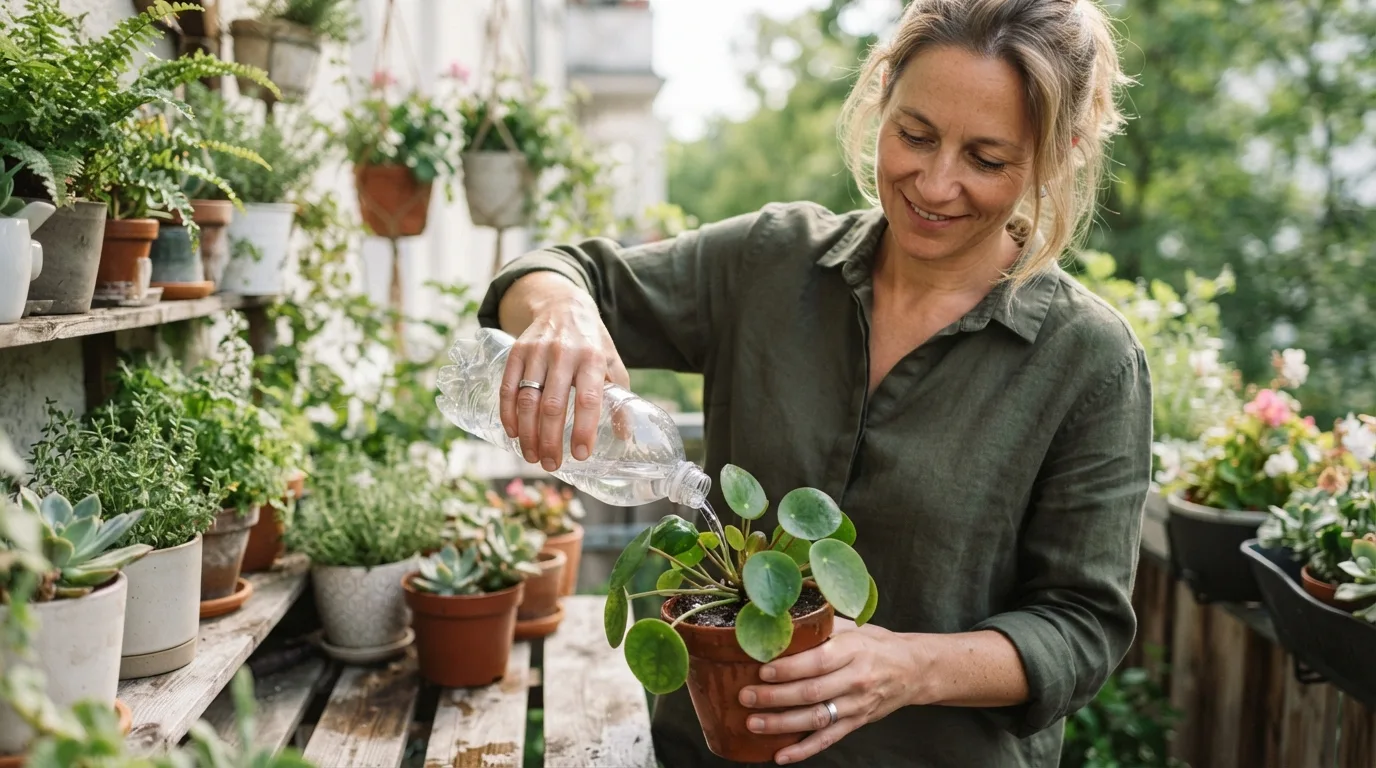 a person watering potted plants with a recycled plastic bottle