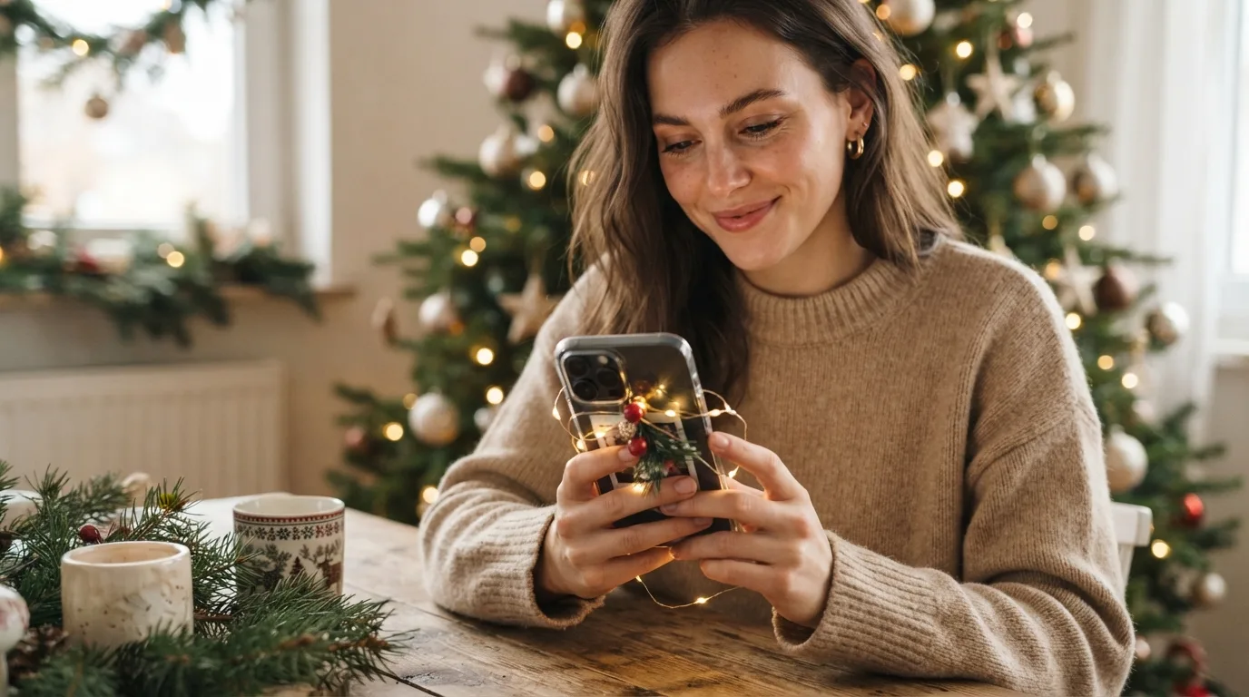 a person holding a smartphone with festive decorations