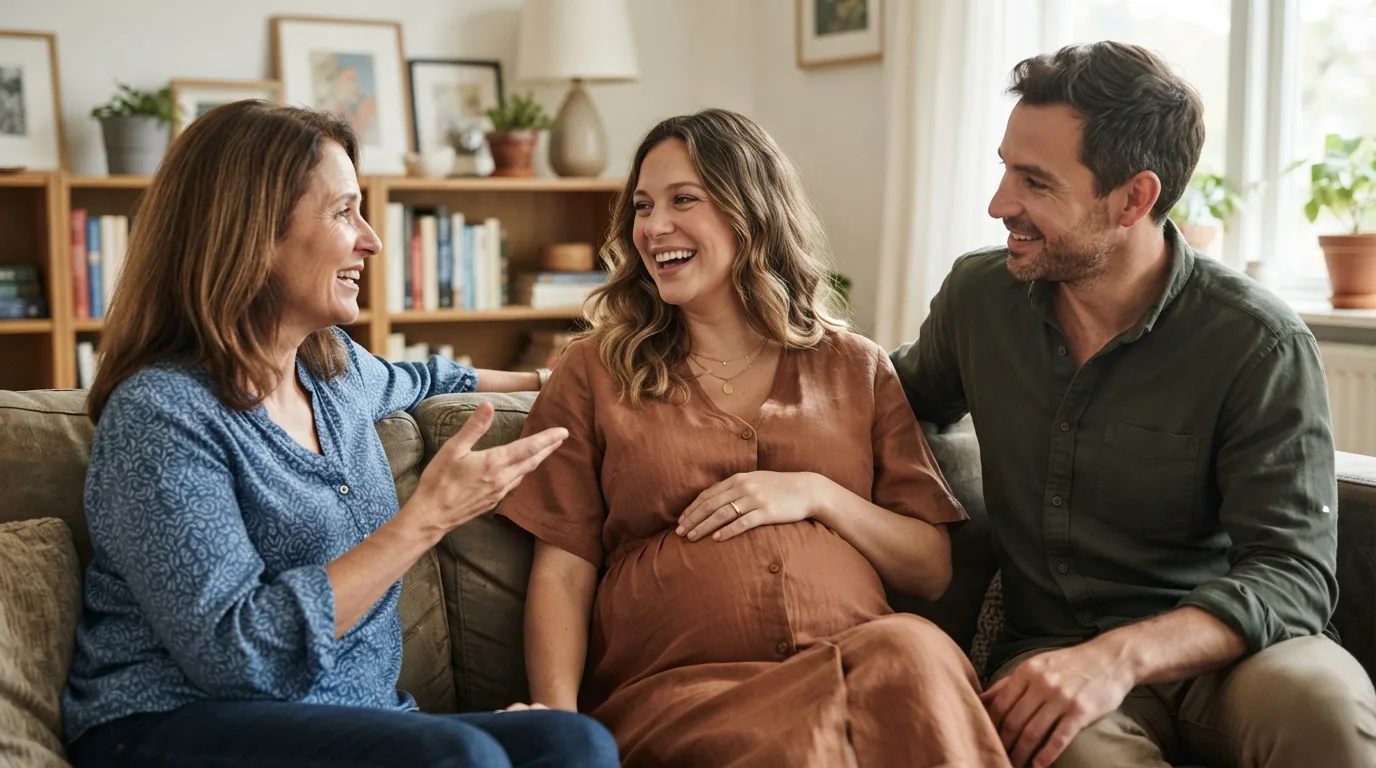 a pregnant woman talking with family members