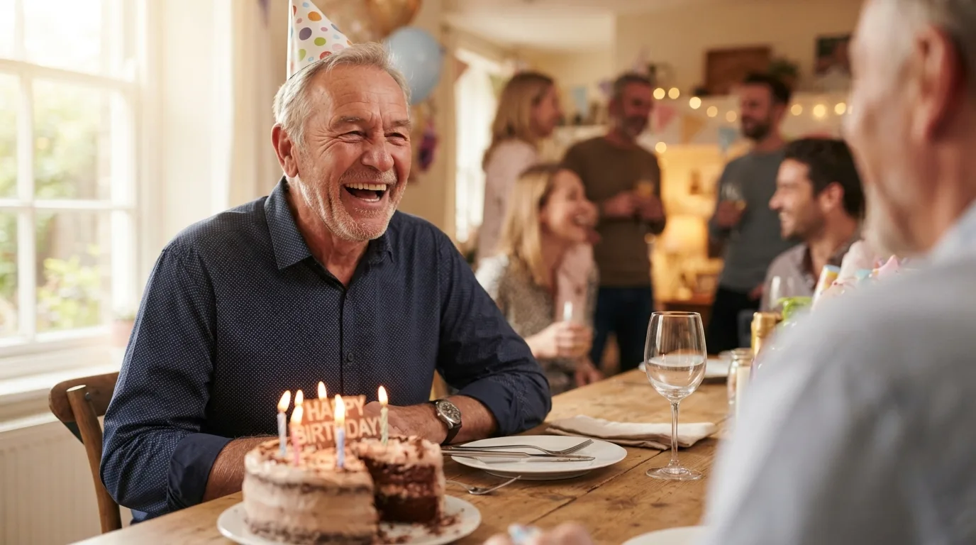 an older man laughing at a birthday party with a cake