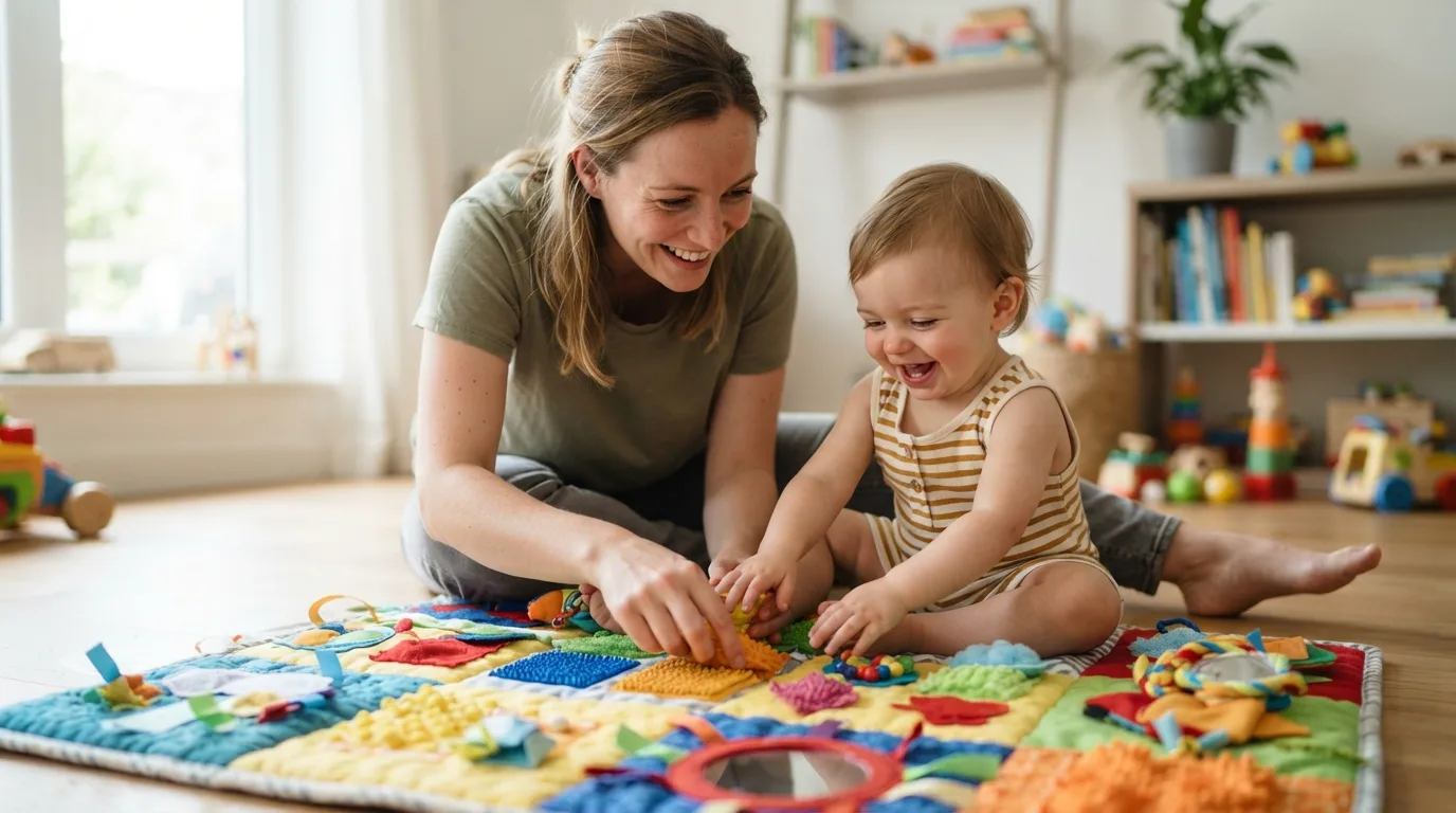 a parent and child playing with a colorful sensory mat
