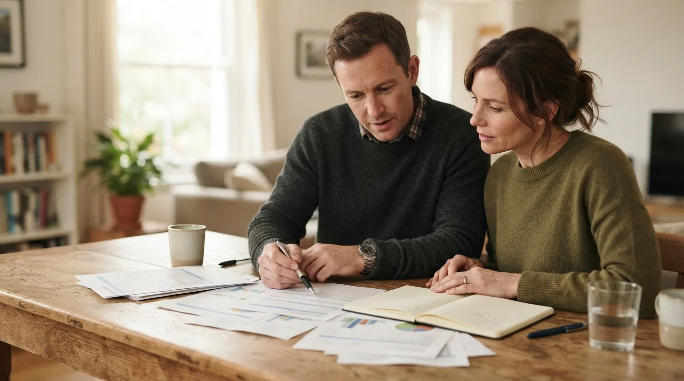 a couple sitting at a table reviewing financial documents together