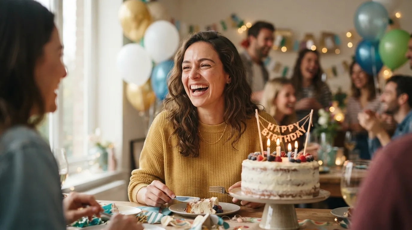 a woman laughing at a birthday party with a cake and balloons