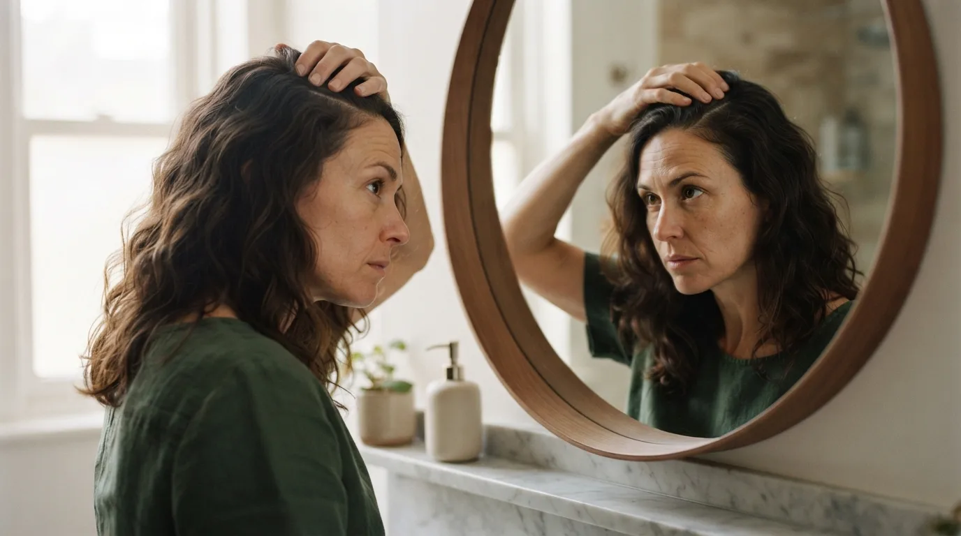 a woman touching her scalp in a mirror
