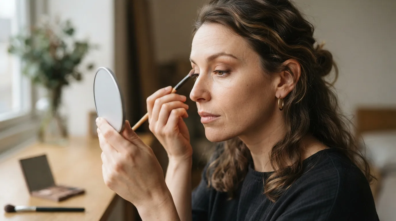 a woman applying eyeshadow with a brush
