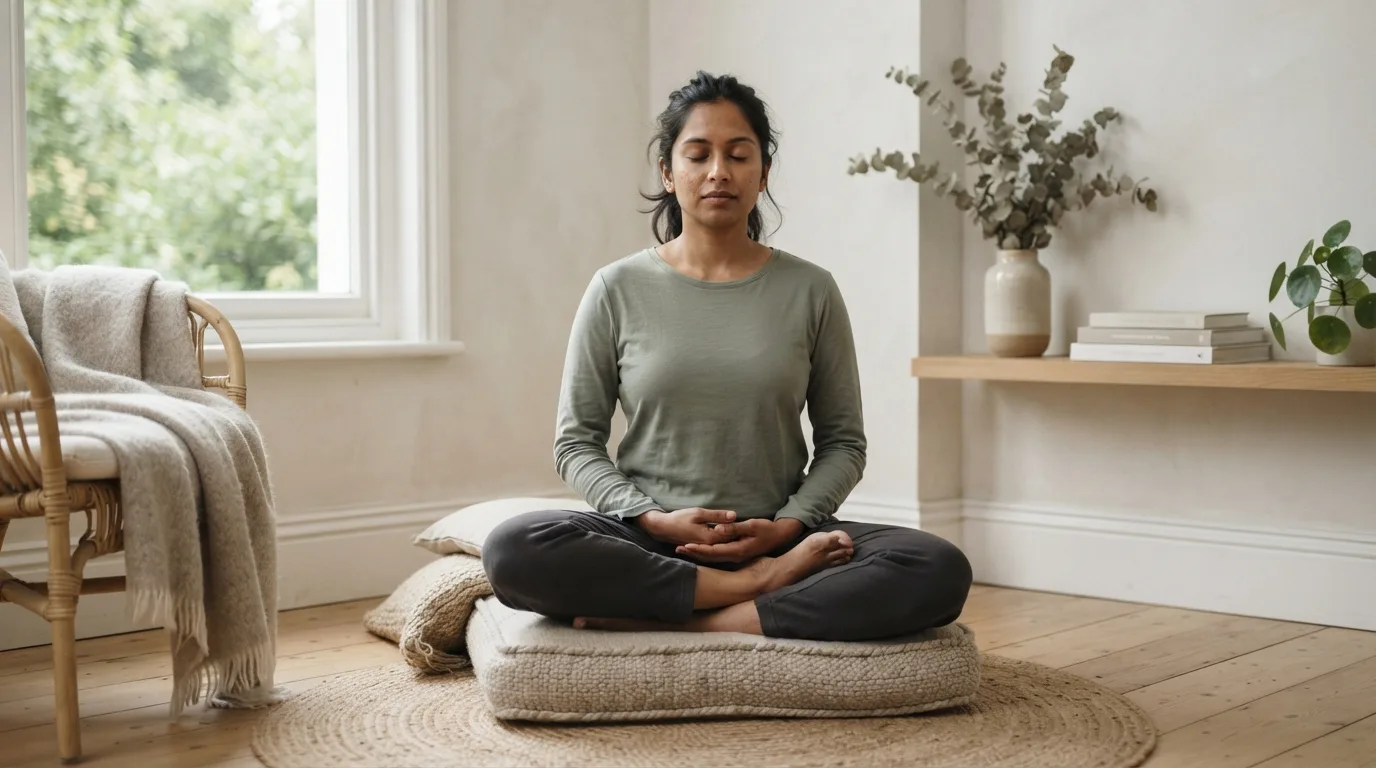 a person meditating in a calm, minimal home corner with cushions and soft light