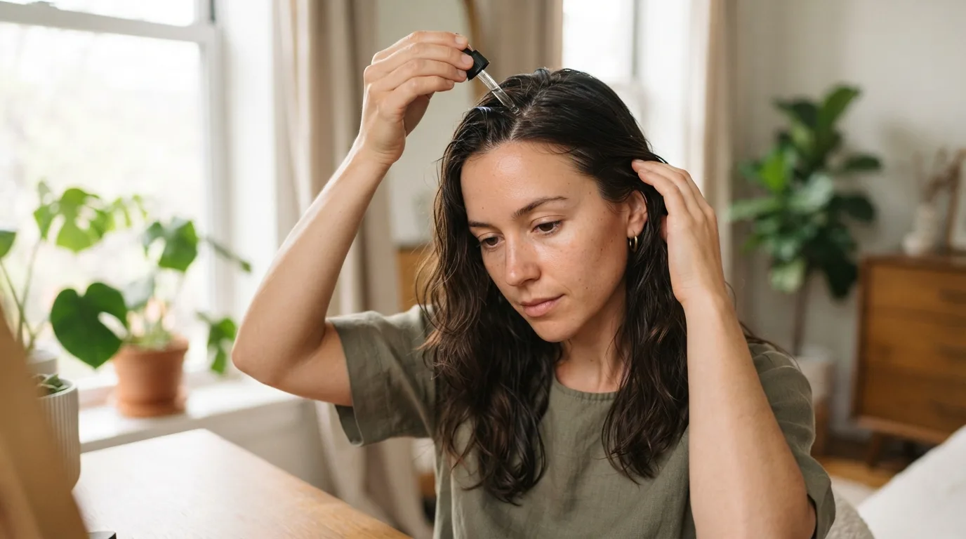 a woman gently applying a product to her scalp