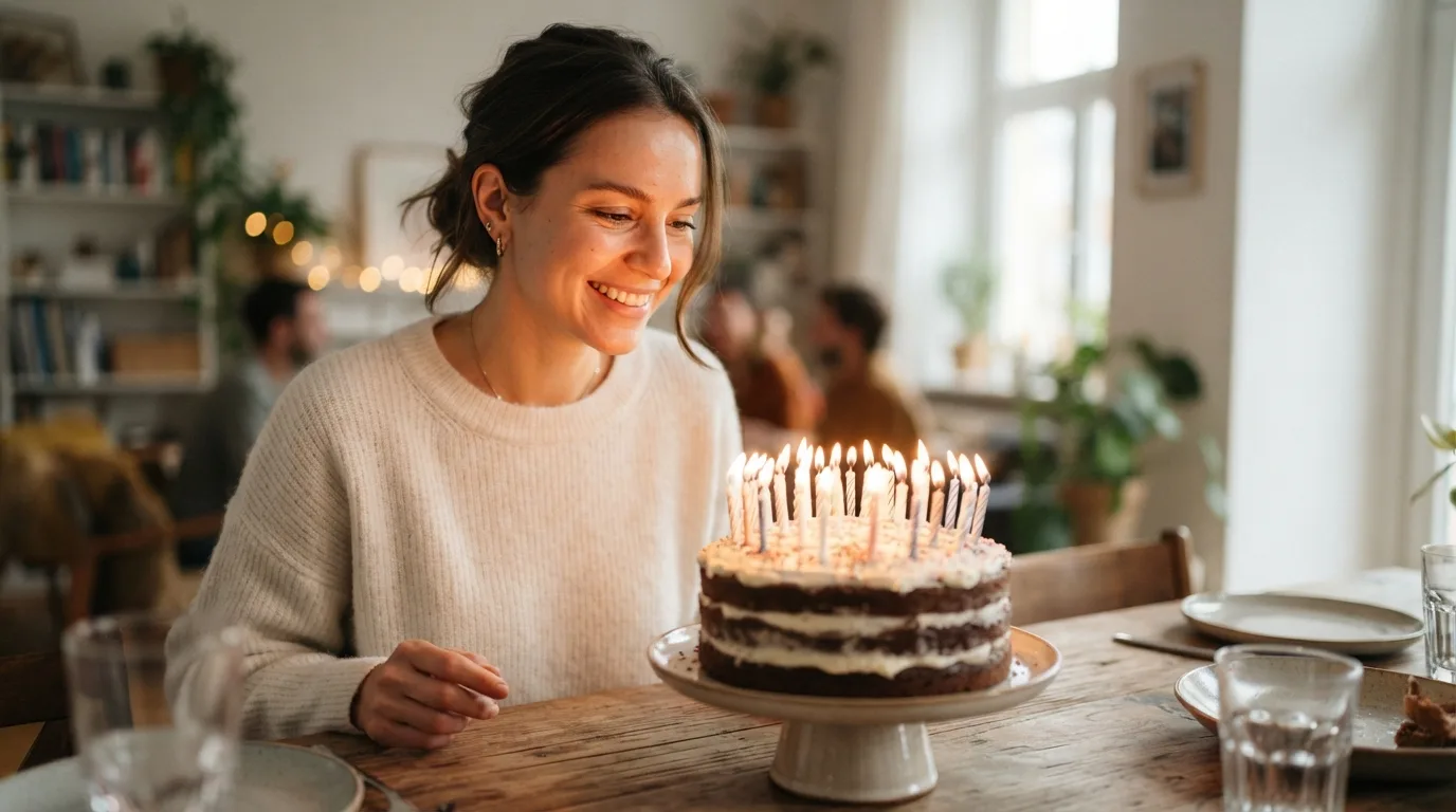 a person smiling at a birthday cake with candles