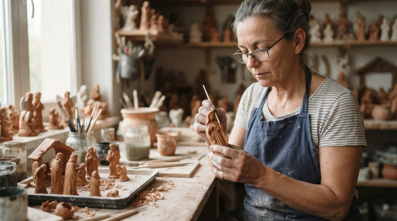 a person crafting a nativity scene figurine