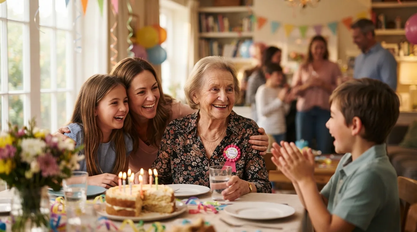 an elderly person surrounded by family and birthday decorations