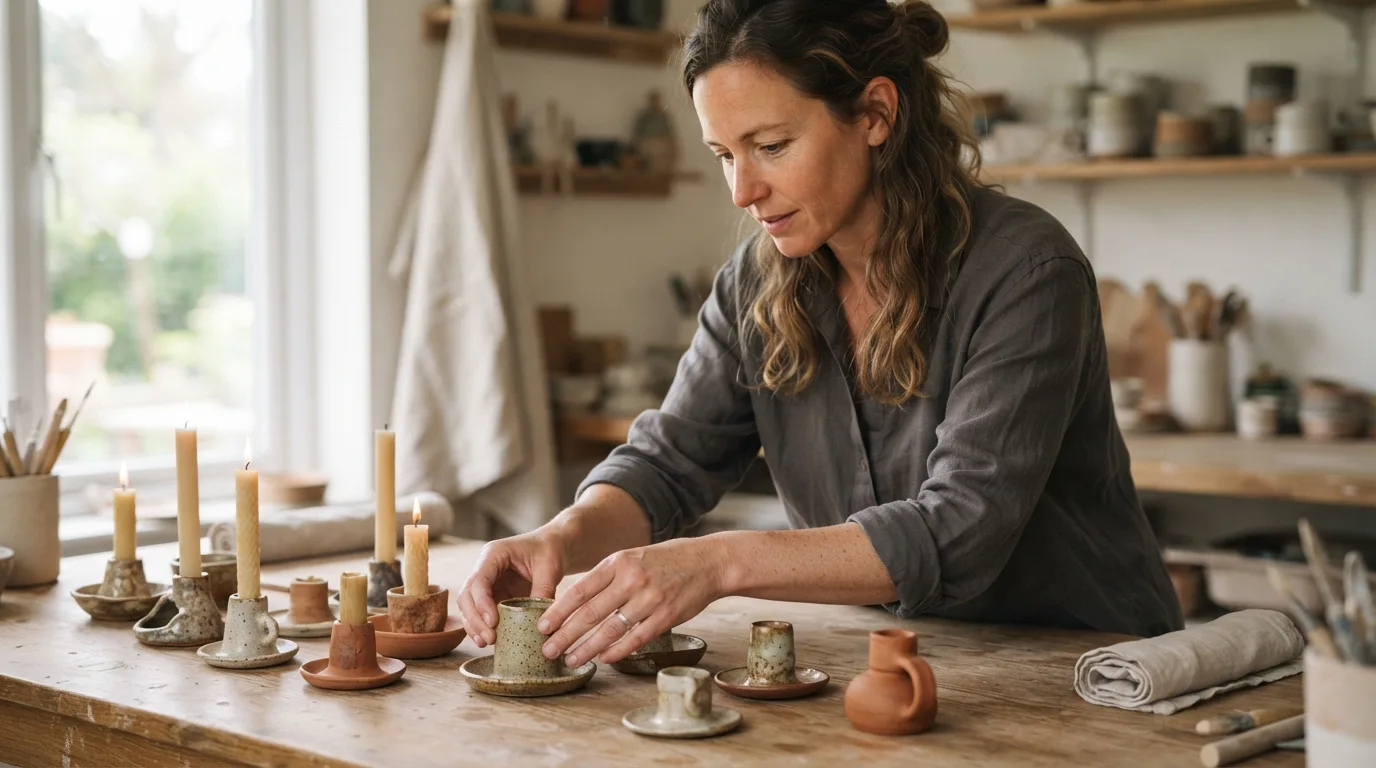 a person arranging handmade candle holders on a table