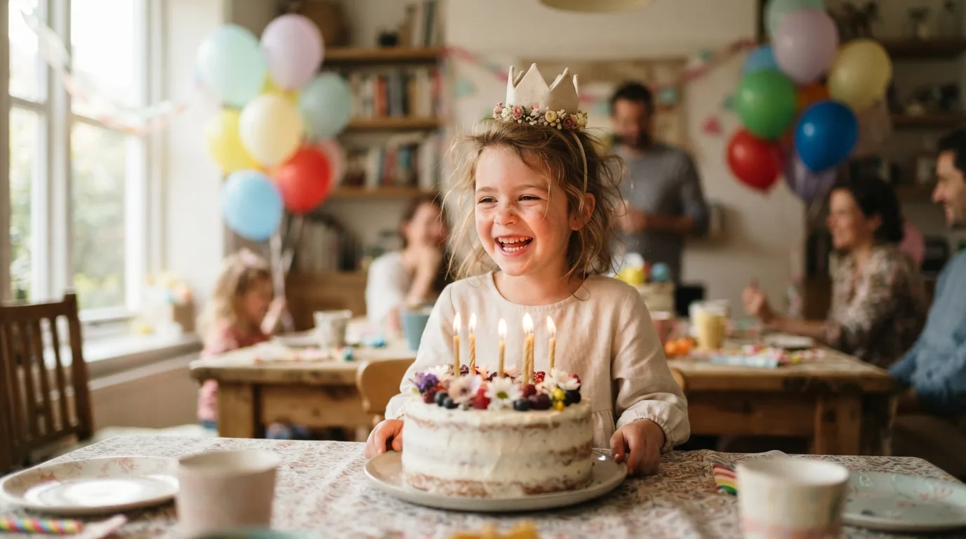 a child celebrating a birthday with a cake and balloons