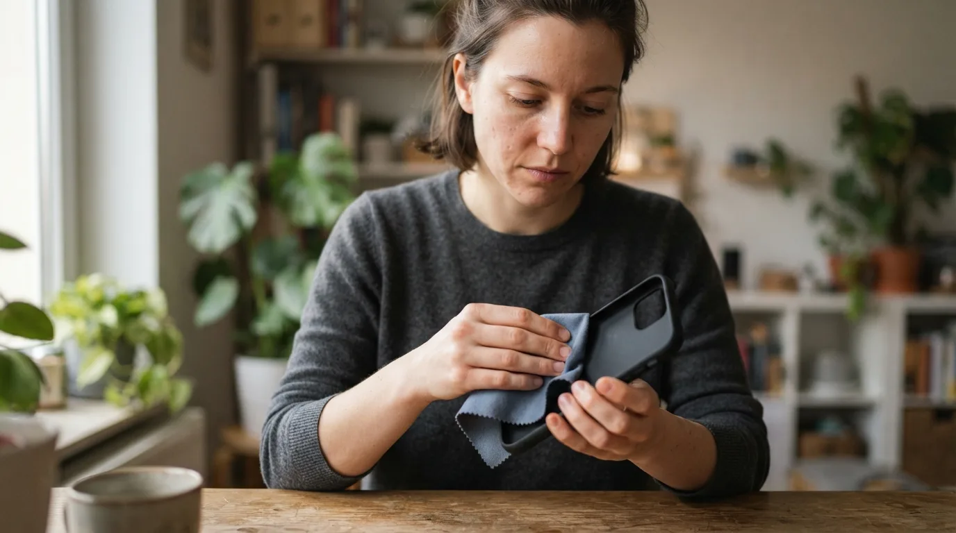 a person cleaning a phone case with a cloth