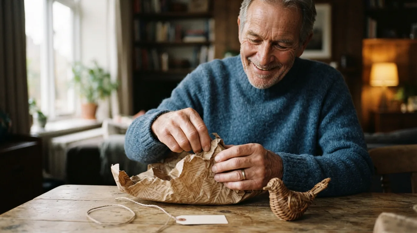 a senior man unwrapping a handmade gift