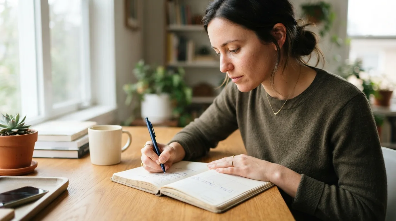 a person writing in a planner at a desk