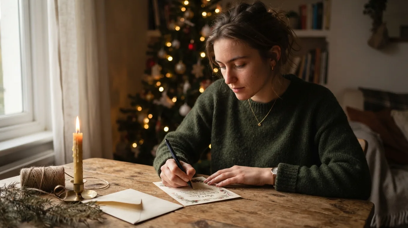 a person writing a Christmas card by candlelight