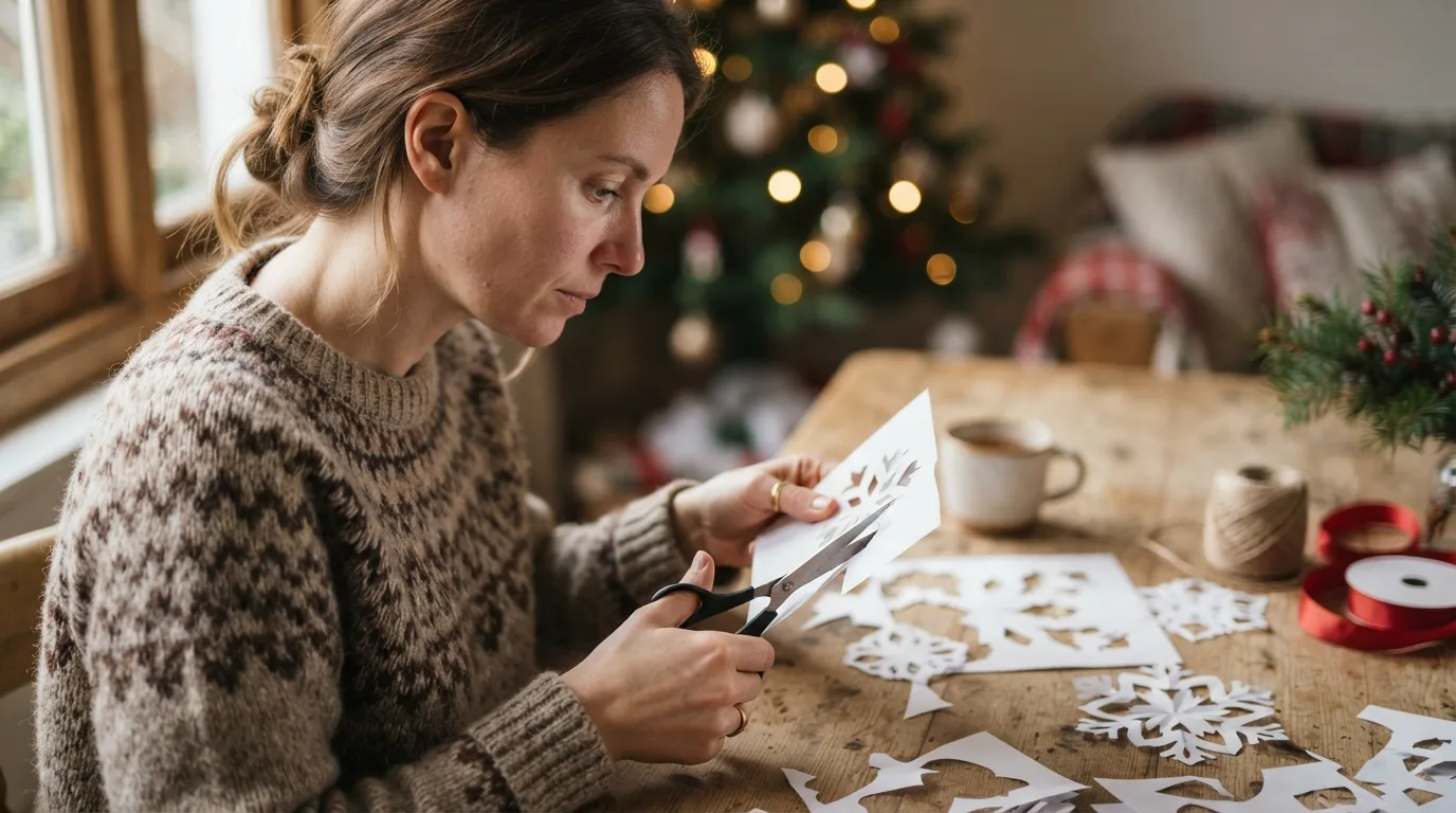 a person cutting paper shapes for a Christmas craft