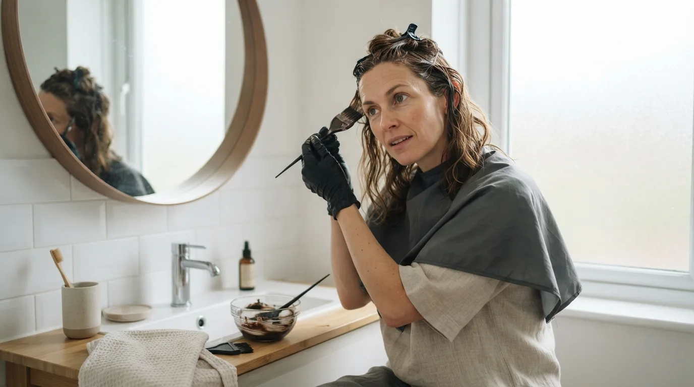 a woman applying a natural-looking hair dye to her hair in a bathroom