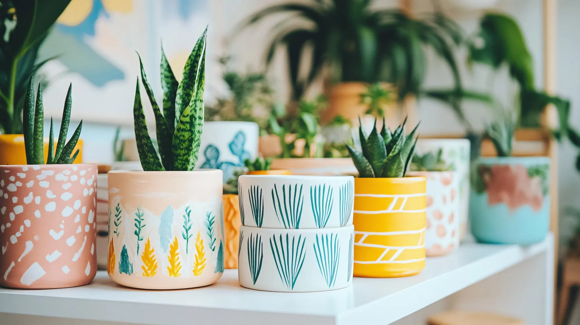 DIY painted plant pots displayed on a white table showcasing various designs and colors closeup of paint details natural light creating a soft glow minimalistic background