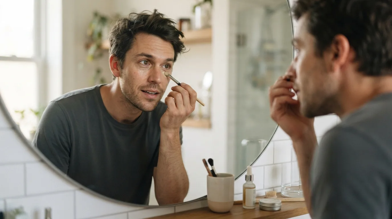 a man applying a subtle amount of concealer or foundation in front of a mirror