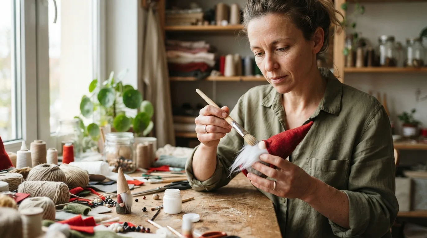 a person crafting a small decorative gnome