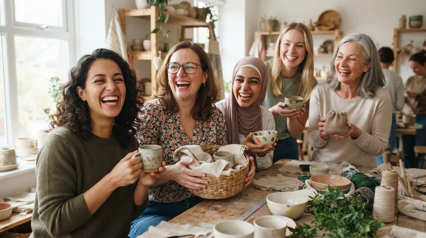 a group of women laughing and holding handmade gifts
