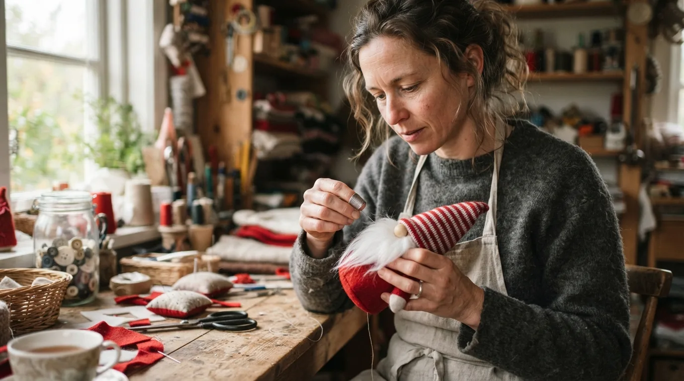a person crafting a small red and white Christmas gnome