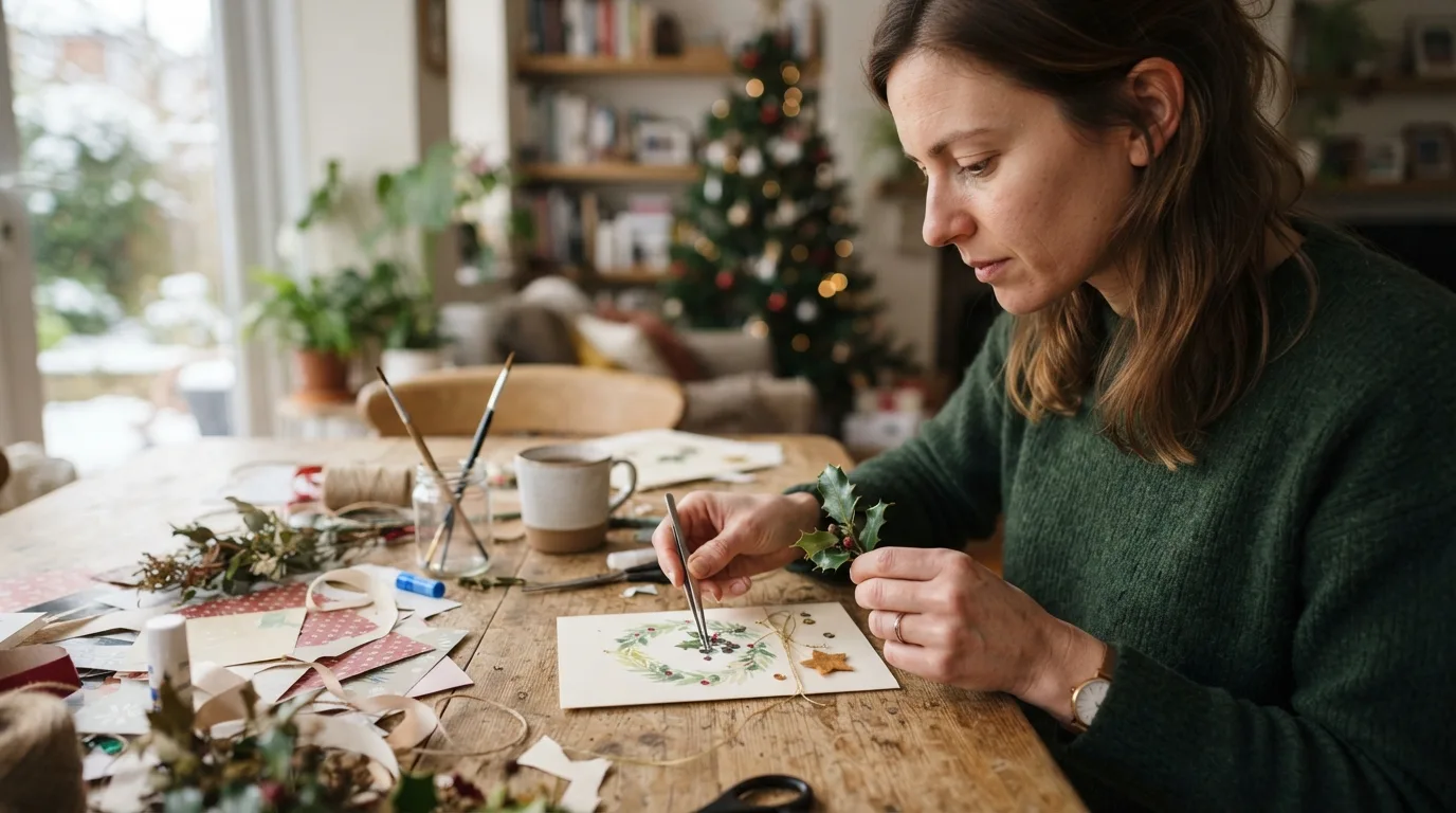 a person making a Christmas card with paper and decorations