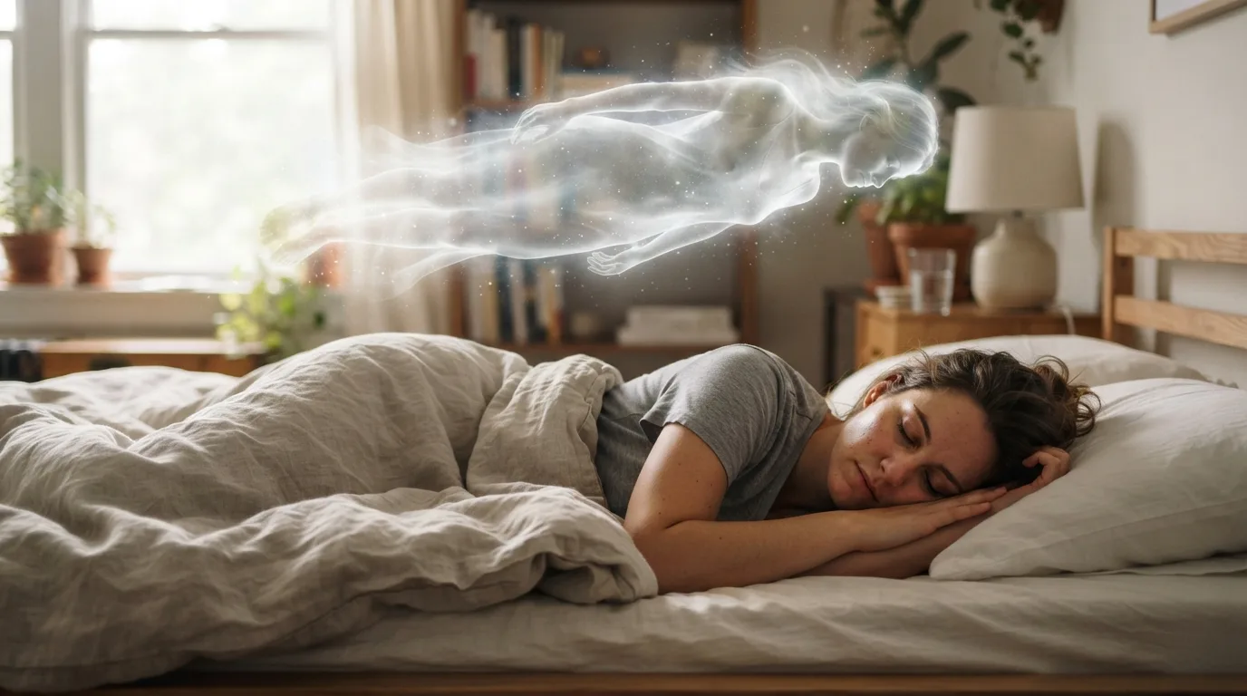 a person lying in bed with a translucent figure floating above them