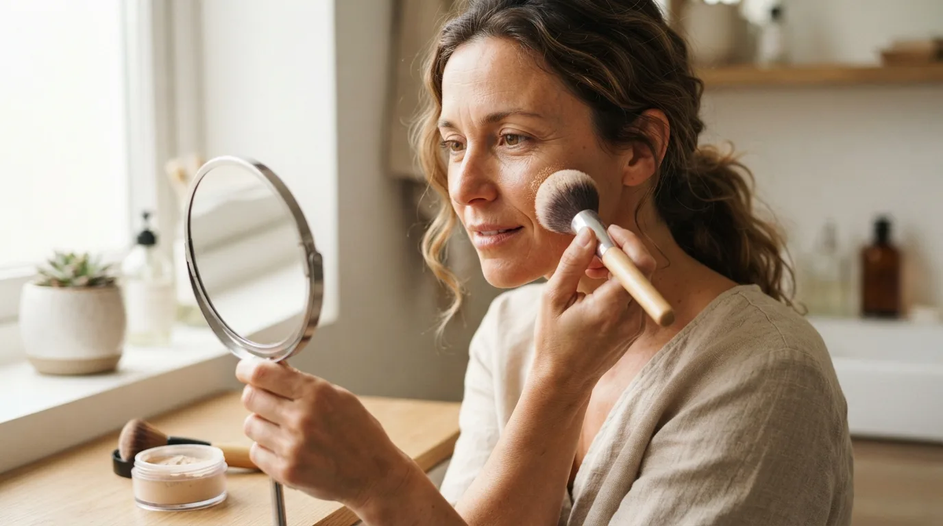 a woman applying mineral makeup to her face