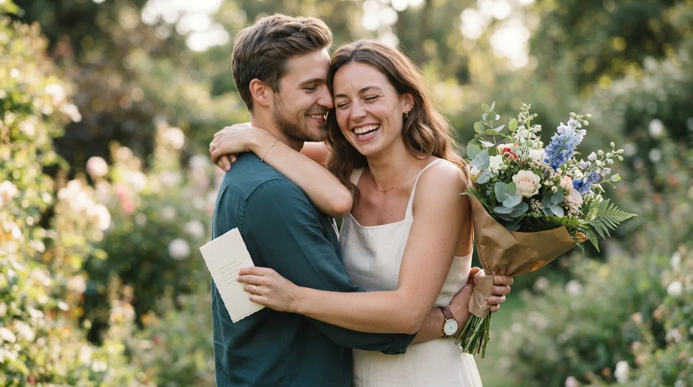 a happy couple embracing with flowers and a card