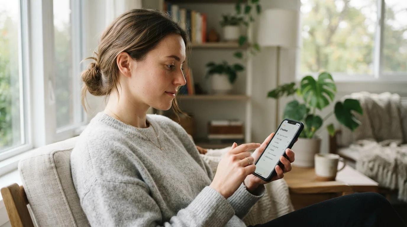 a person using a smartphone with a checklist in a modern home