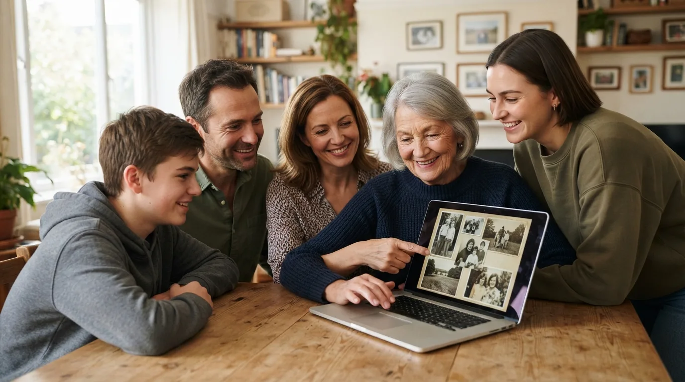 a family looking at old photographs on a laptop