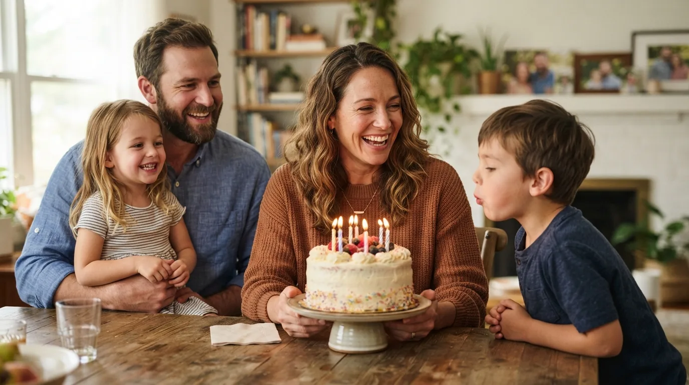 a smiling mother with her family and a birthday cake