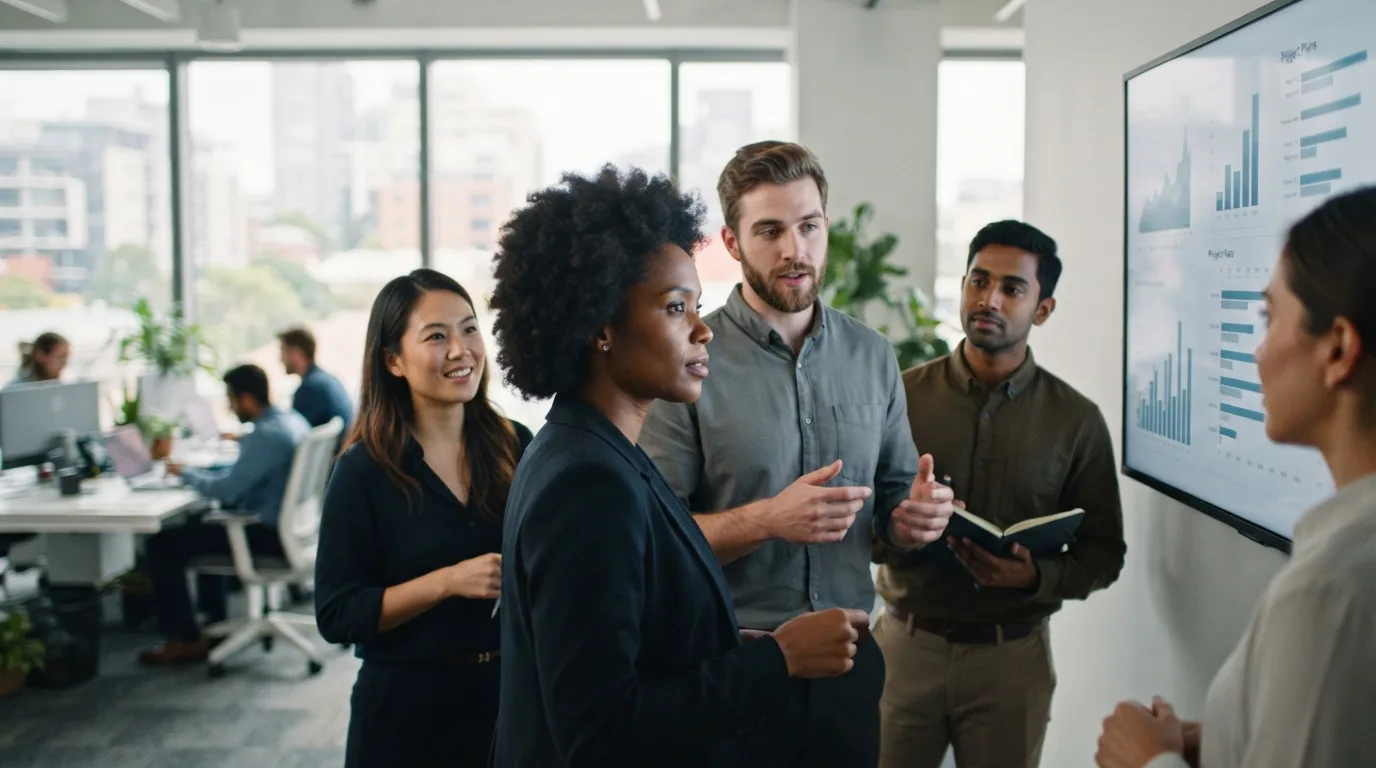 employees looking at a large digital screen in a modern office