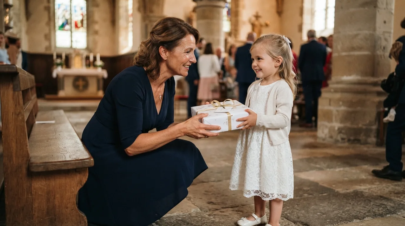 a godparent handing a gift to a child in church clothes