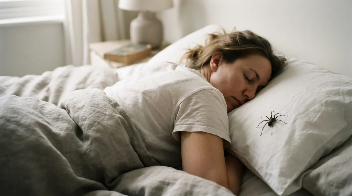 a person lying in bed asleep, with a large black spider nearby