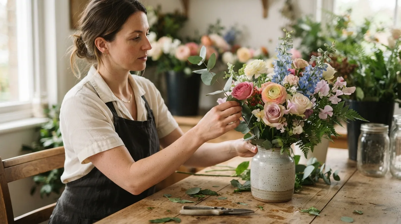 a person arranging flowers on a table