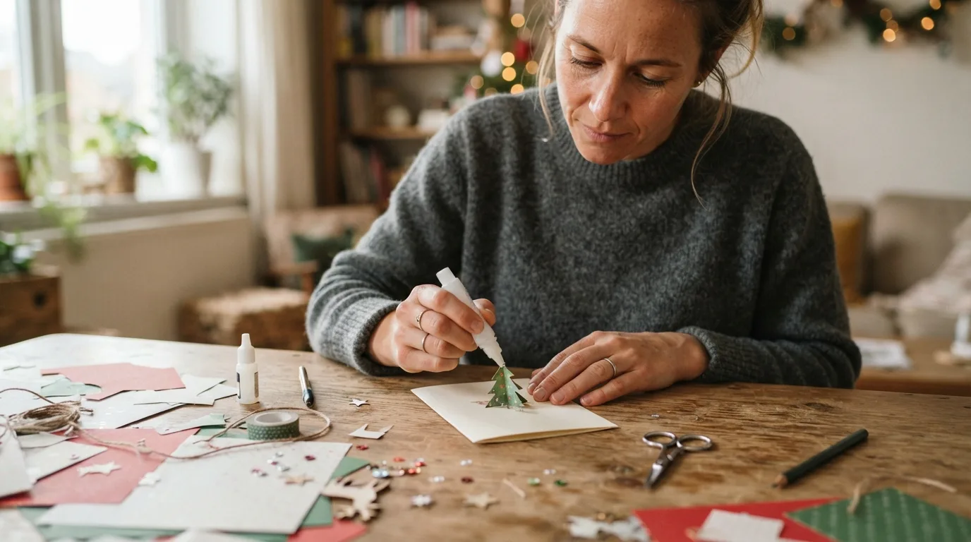 a person making a handmade Christmas card with paper and craft supplies