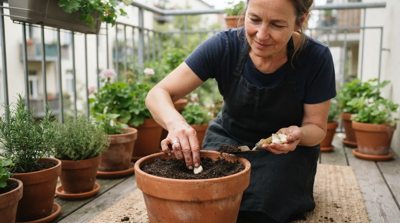 a person planting garlic cloves in a pot on a balcony