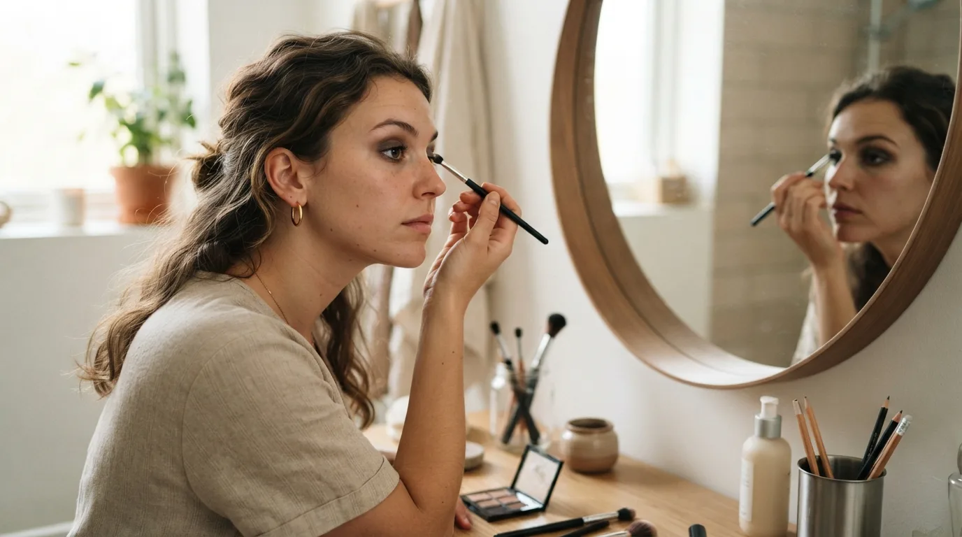 a woman applying eye makeup in front of a mirror