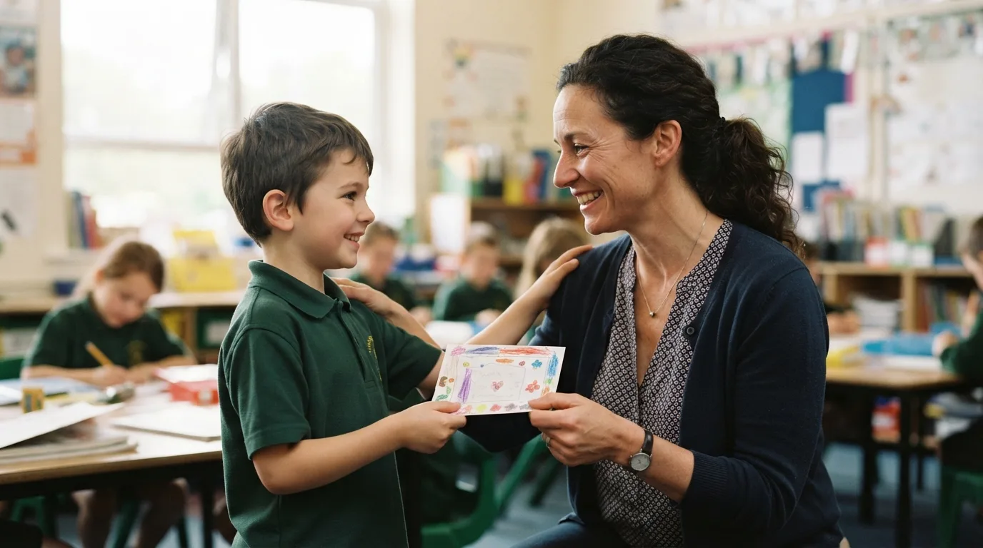 a teacher receiving a thank-you card from a student