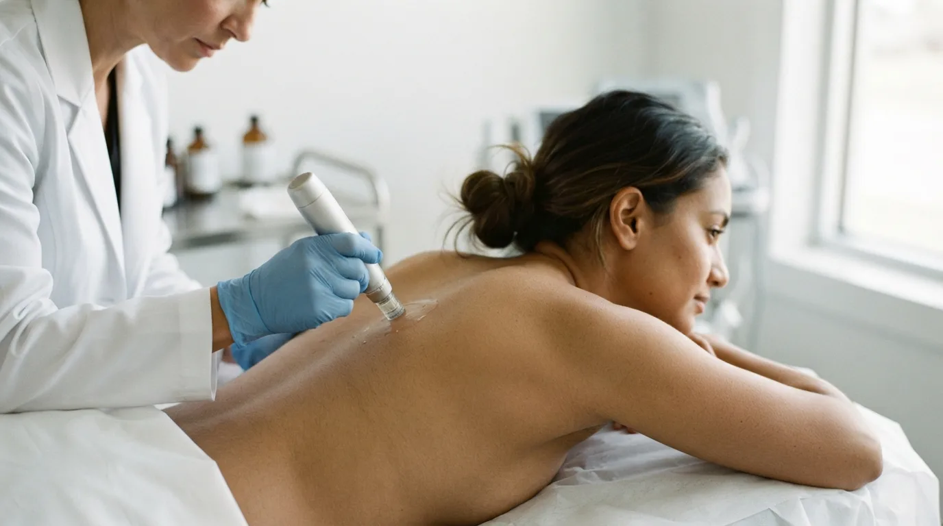 a woman receiving a cosmetic skin treatment on her scalp or body in a clinic