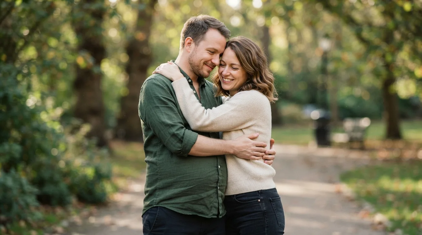 a man and a woman embracing, the man with a pregnant belly
