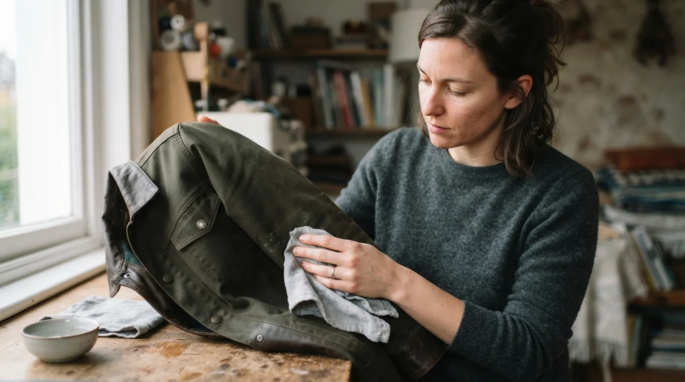 a person cleaning a jacket with a cloth