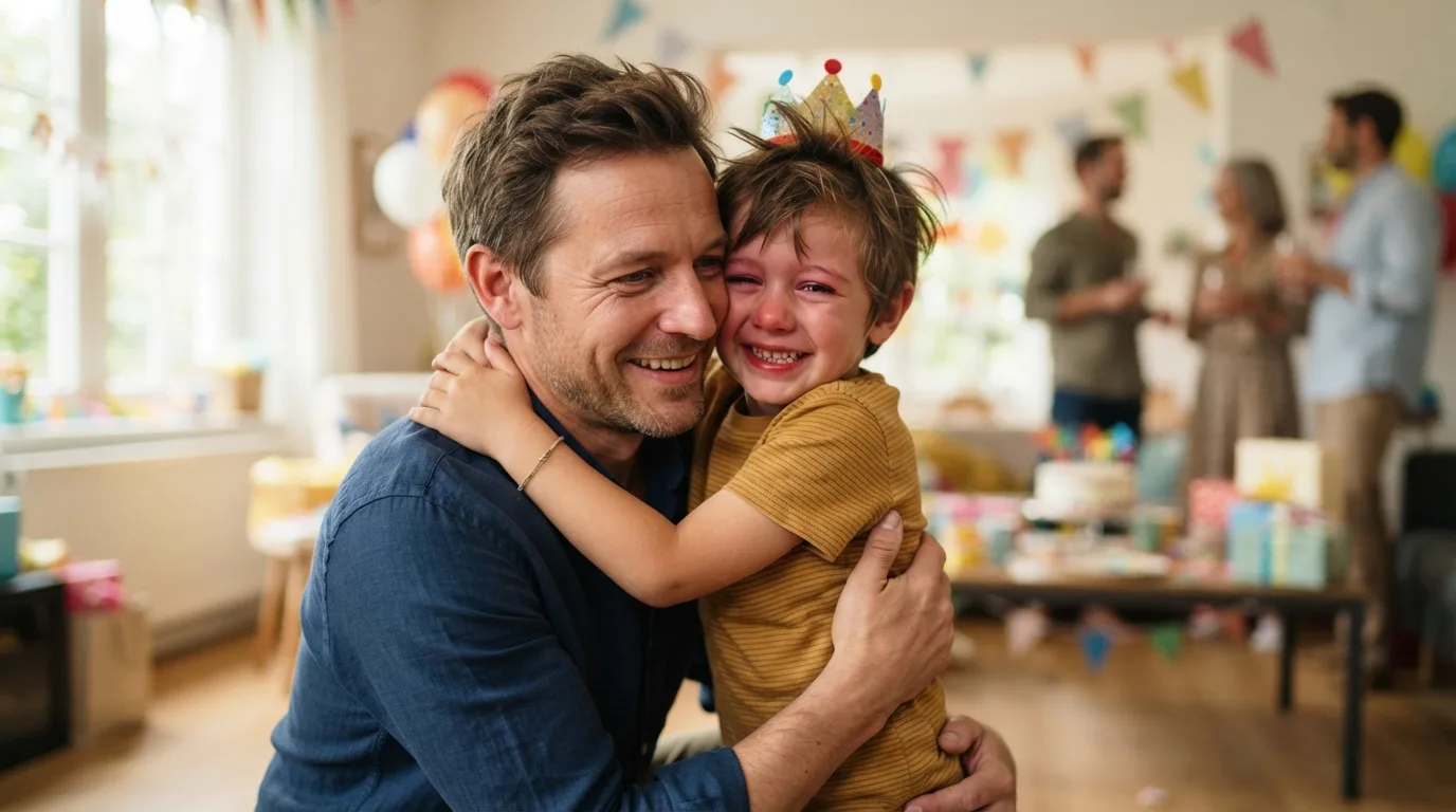 a father and child hugging on a birthday