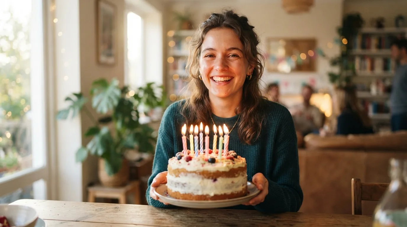 a young woman smiling with a birthday cake and candles