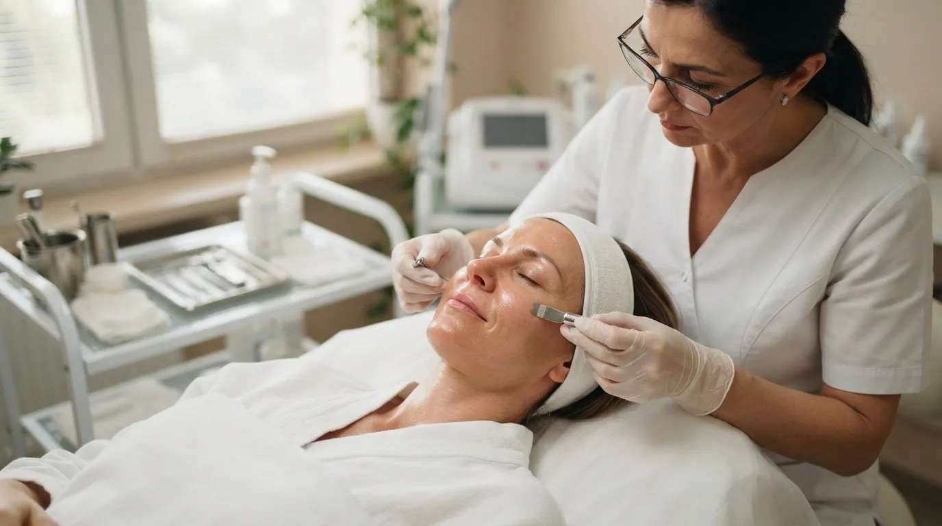 a woman receiving a facial treatment at a dermatology clinic