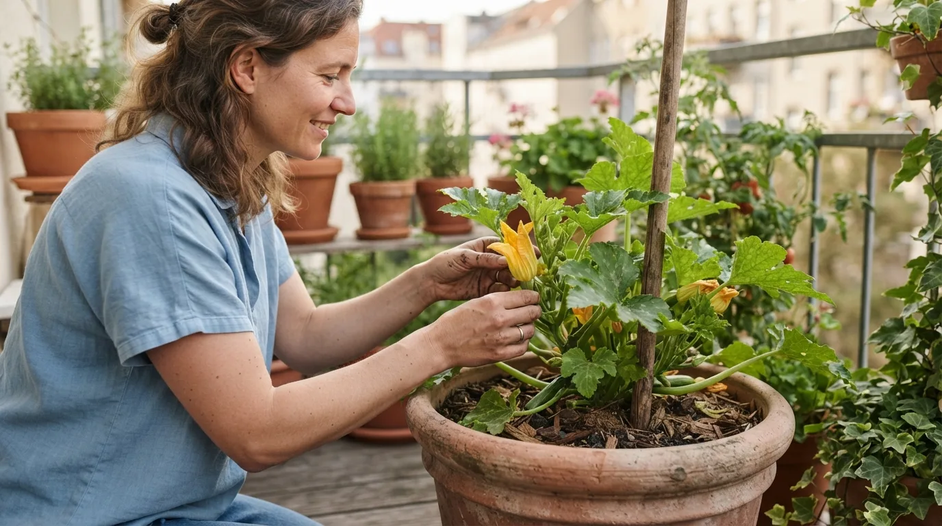 a person tending zucchini plants in a pot on a balcony